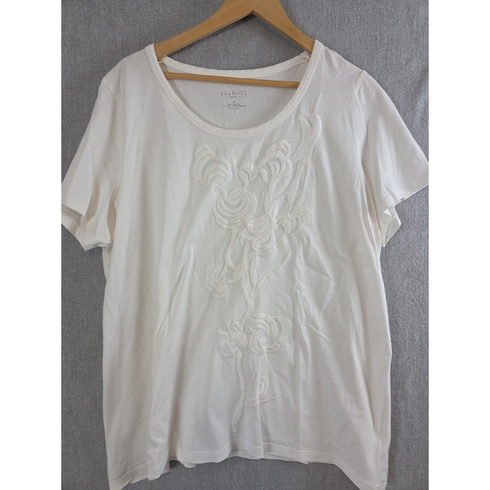 Talbots 2X White Cotton T Shirt Embroidered Flower Embellishment Short Sleeve